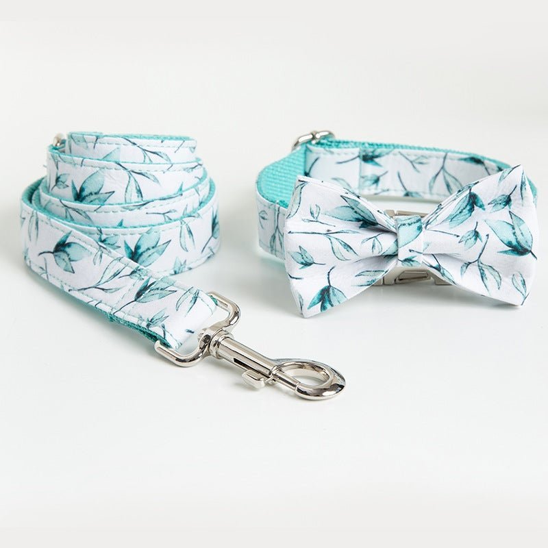 Blue Flower French Bulldog Collar, Leash & Bow Tie Set - White / XS - Frenchie Complex Shop
