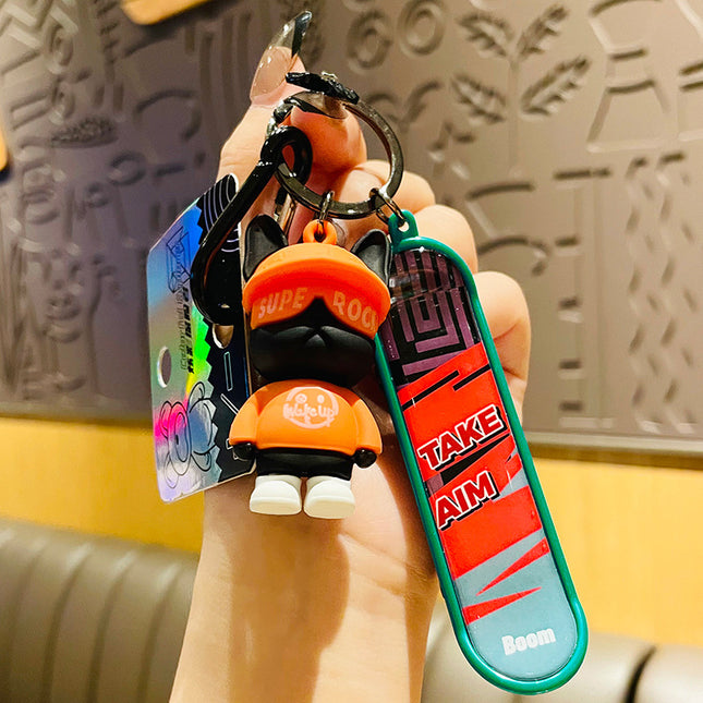 Skateboard French Bulldog Keychains - Orange - Frenchie Complex Shop