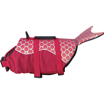 Red dog life jacket with white pattern on a white background