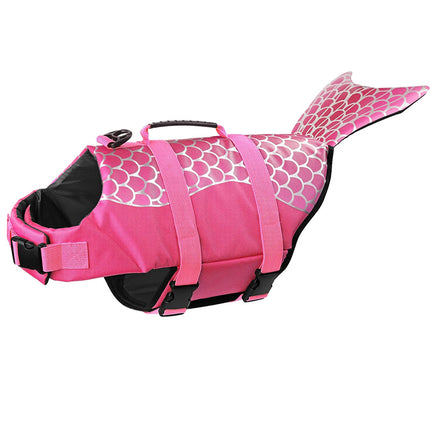 Pink dog life jacket with mermaid scale pattern on a white background