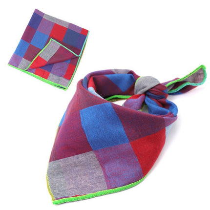 Plaid Cotton French Bulldog Bandanas - Large Red Blue / 45x45cm - Frenchie Complex Shop